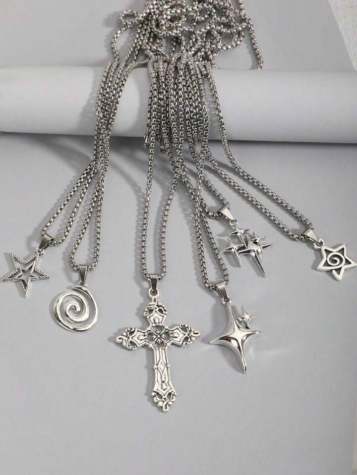5pcs Vintage Gothic Cross, Sun, Moon, Moth, Skull Necklace Set