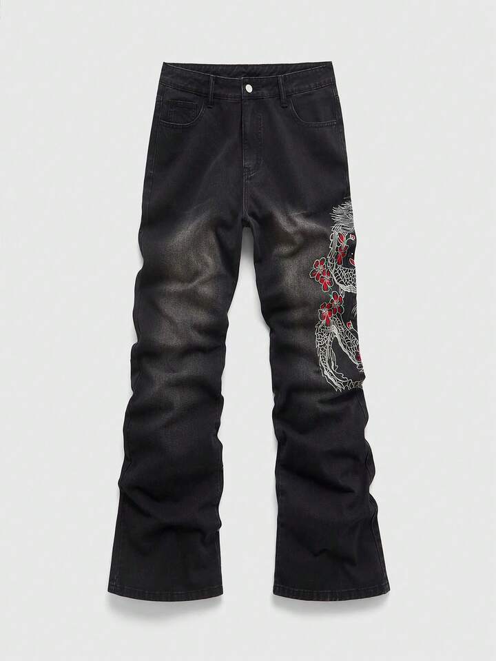 Anime Men's Chinese Dragon Embroidered Pocket Wide Leg Loose Jeans