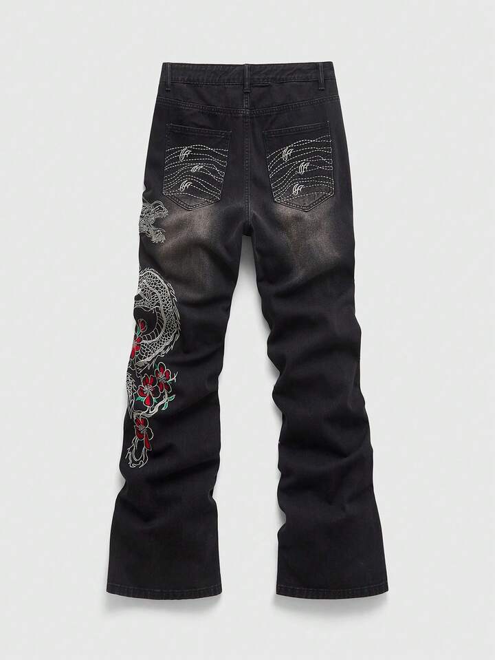 Anime Men's Chinese Dragon Embroidered Pocket Wide Leg Loose Jeans