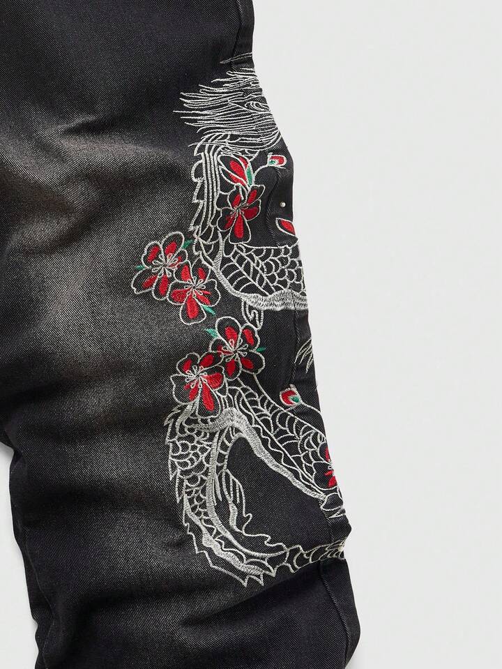 Anime Men's Chinese Dragon Embroidered Pocket Wide Leg Loose Jeans