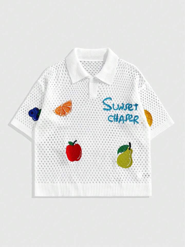 Casual Men's Holiday Fruit & Letter Pattern Short Sleeve Polo Knit Top