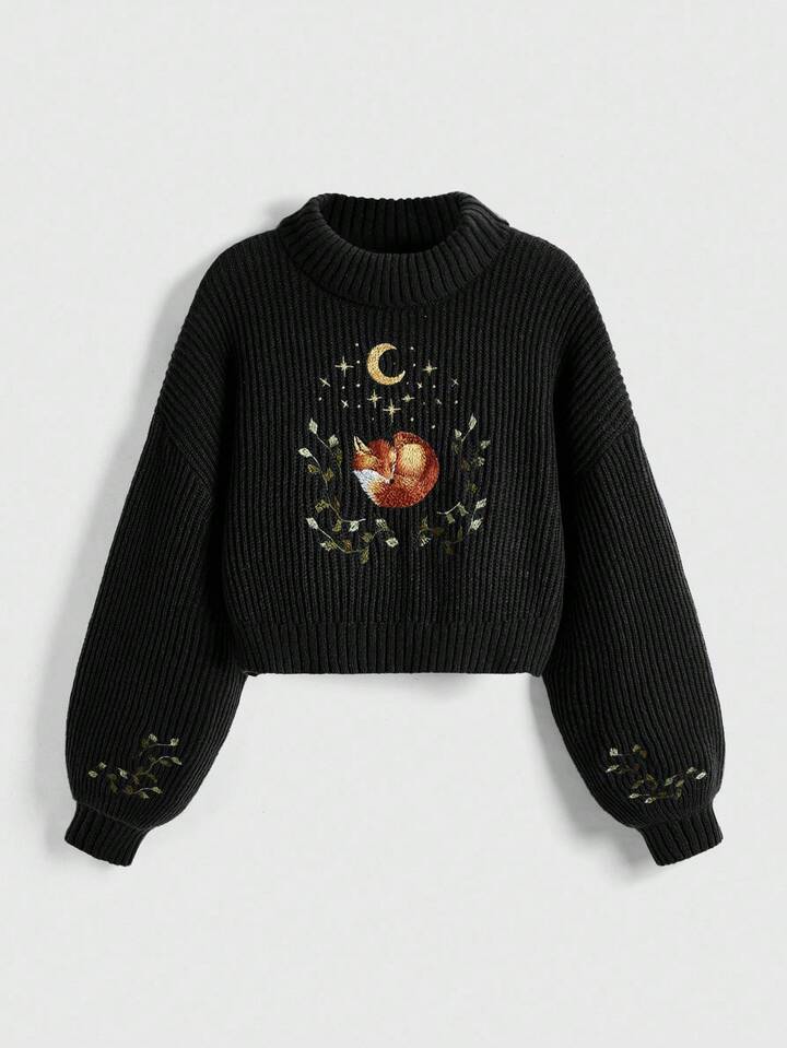 Fairycore Plus Size Women Fox & Floral Embroidery Casual Sweater, Autumn/Winter