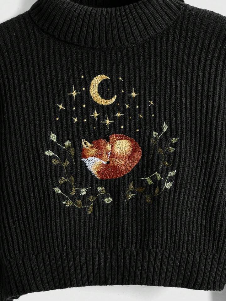 Fairycore Plus Size Women Fox & Floral Embroidery Casual Sweater, Autumn/Winter
