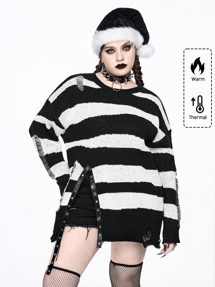 Plus Size Distressed Gothic Black & White Striped Ripped Hem Pullover Sweater, Autumn/Winter, Plus Size Halloween & Christmas Demon & Monster Black & White Striped Casual Ripped Patchwork PU Trim Loose Pullover Sweater, Plus Size Black & White Striped Sweater, Plus Size Women Sweater Top, Plus Size Women Casual Street Style Pullover Sweater