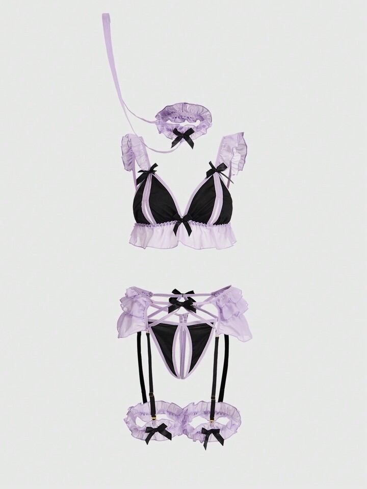Kawaii 6pcs Color Block Hollow Out & Frill Trim Sexy Lingerie Set