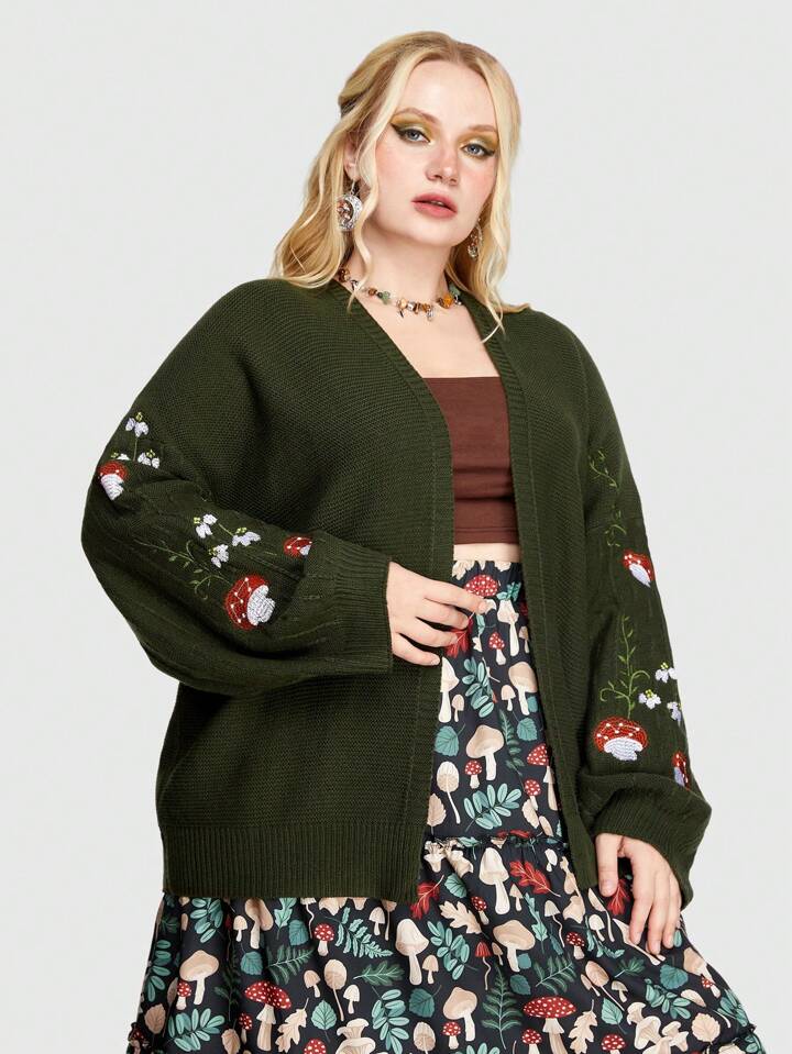 Fairycore Plus Size Floral & Mushroom Embroidery Drop Shoulder Cardigan