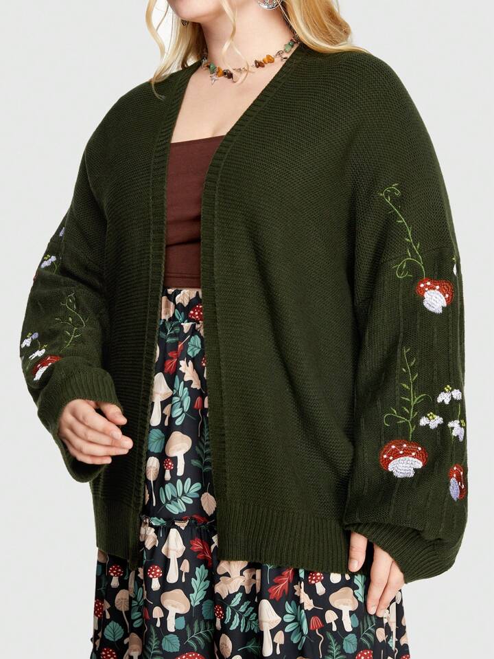 Fairycore Plus Size Floral & Mushroom Embroidery Drop Shoulder Cardigan