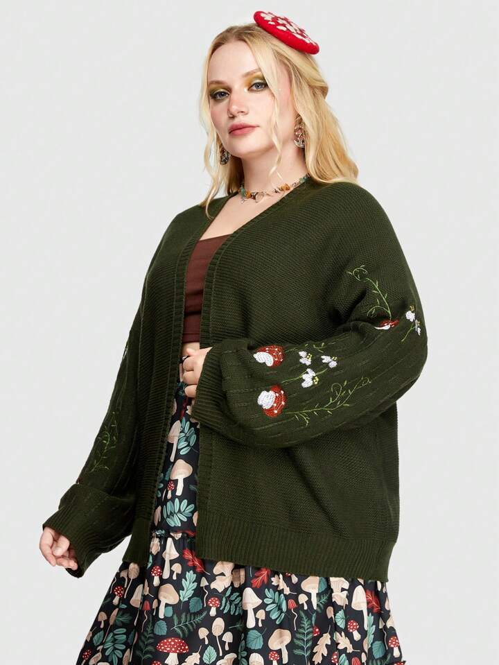 Fairycore Plus Size Floral & Mushroom Embroidery Drop Shoulder Cardigan