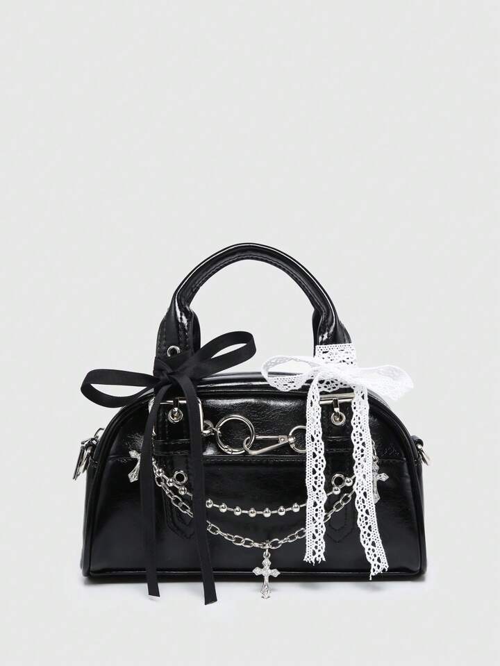 Kawaii Women's Cute Gothic Style Bow Cross Chain Decor Mini Hand Bag, Halloween, Halloween Bags Perfect For Fancy Party Matching With Halloween Costumes, Best Halloween Gifts For Women , Bow