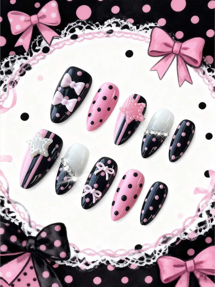 Anime 10 Pieces Of Cute Style Striped Polka Dot Star Element High-Quality Handmade Fake Nail Pads + 3 Pieces Of Double-Sided Tape, Y 2 K Pink And Black Contrasting Bow Nail Art, Removable Medium And Long Almond-Shaped Wearing Armor, Reusable High-Quality Glossy Nail Polish Glue Fake Nail Pads In All Seasons, Suitable For Holiday Parties, Dances And Daily Wear.