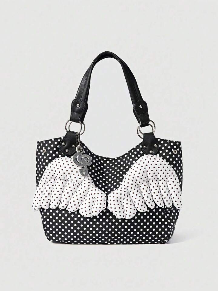 1pc Y2K Baddie Harajuku Pop Art Retro Polka Dot Angel Wings 3D Decor Music Note Heart Minimalist Mass-Produced Tote Bag For Women, Suitable For College, Shopping, Anime, Commuting, Fits Laptop