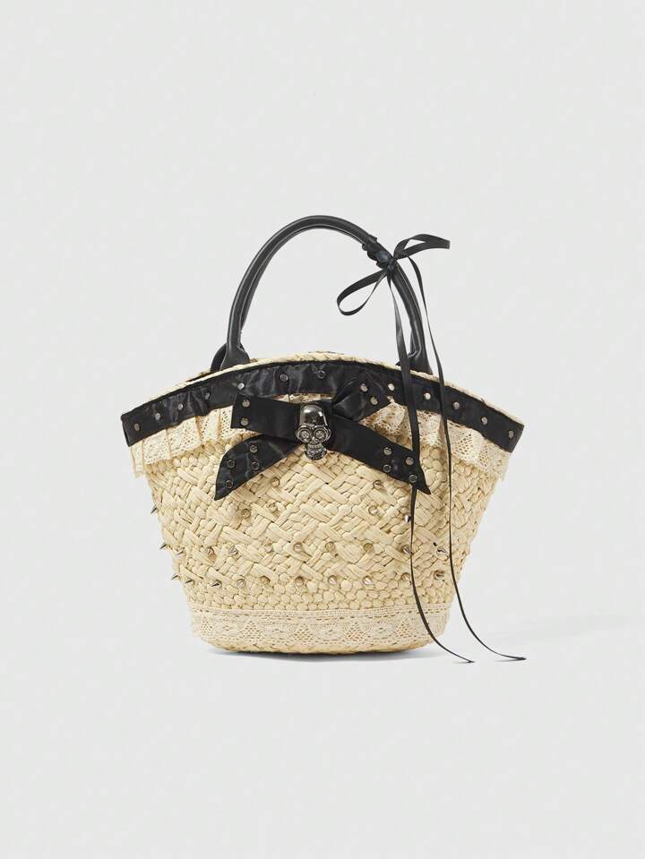 Goth Women's Vacation Casual Bow Lace Trim Tote Handbag