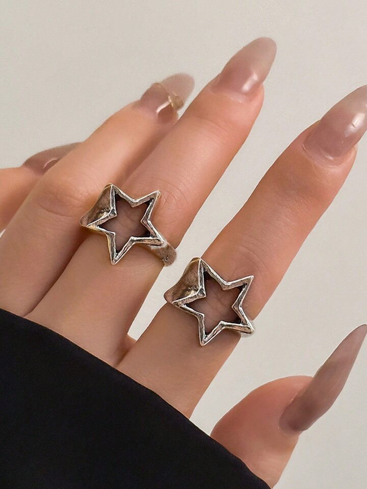 Goth 2pcs Chic & Punk Hollow Out Star Ring Set