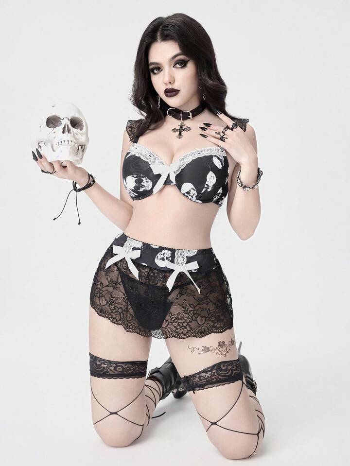 Gothic Halloween Skeleton Print Lace Patchwork Bow Underwire Lingerie Set For Women 2 Gothic Halloween Skeleton Print Lace Patchwork Bow Underwire Lingerie Set For Women
