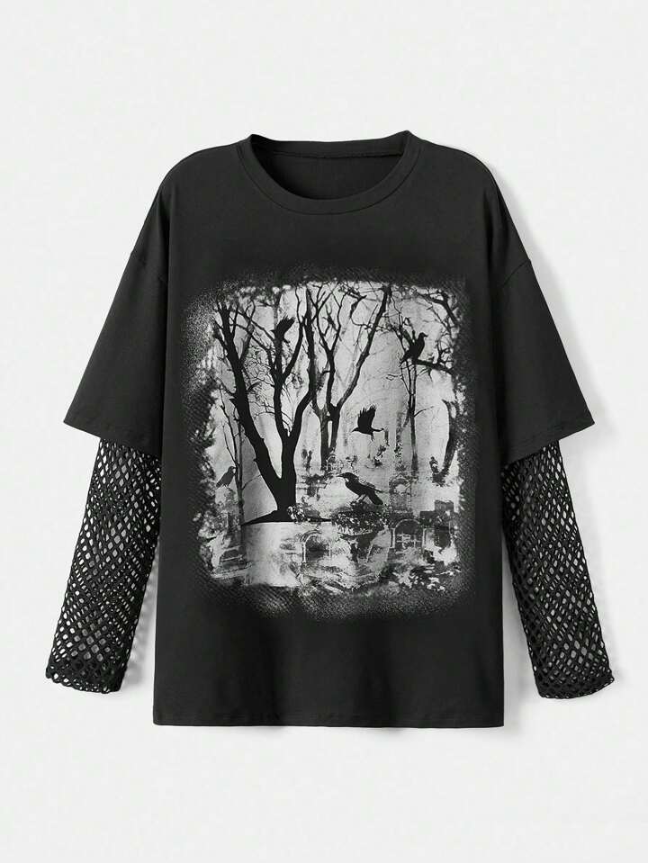 Plus Size Summer Gothic Forest Printed Loose T-Shirt With Contrast Mesh, School