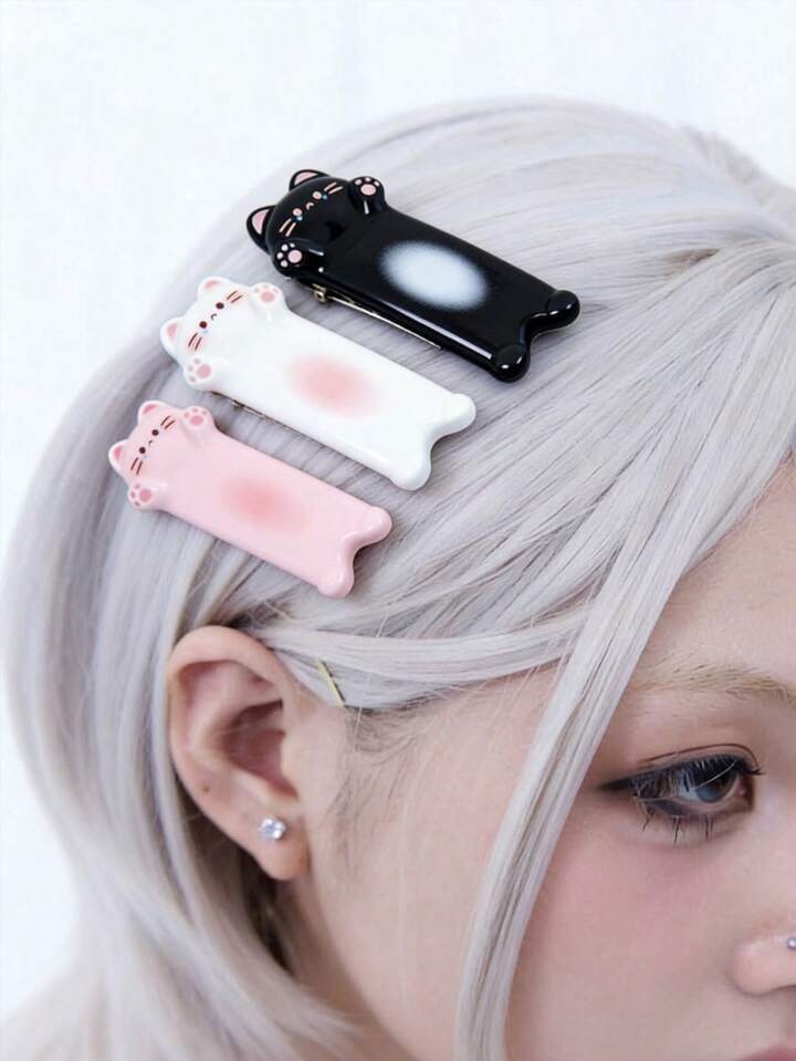 Anime 3 Random Cat Hairpins, Cute Hug Cat Duck Bill Clips, Acrylic Cat Hair Accessories, Suitable For Daily Wear