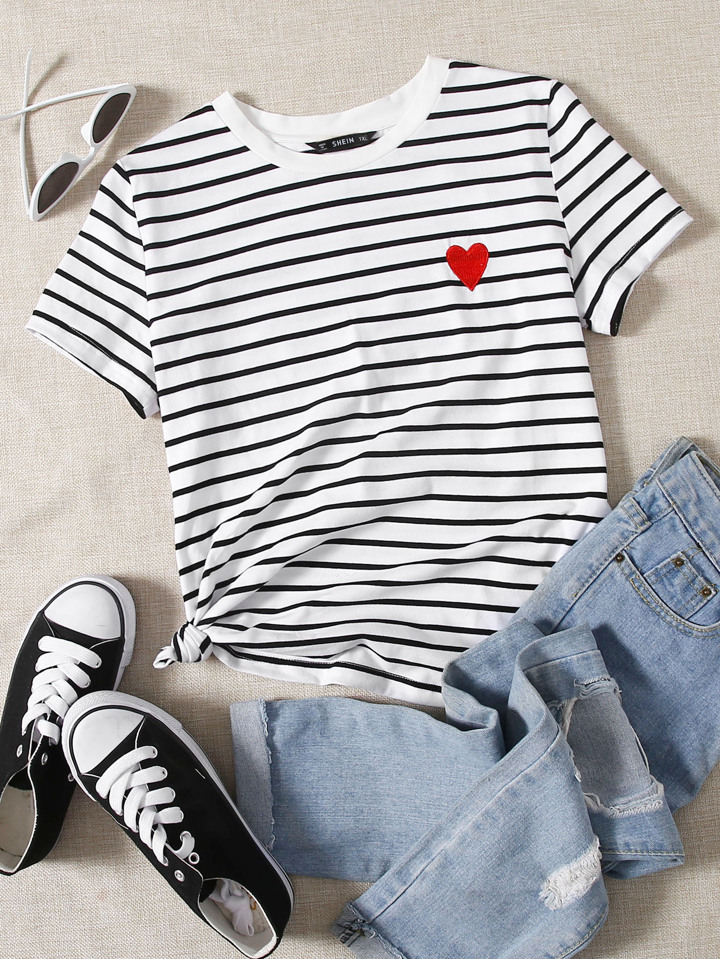 Plus Striped Heart Embroidery Detail Tee, Summer/Valentine's Day