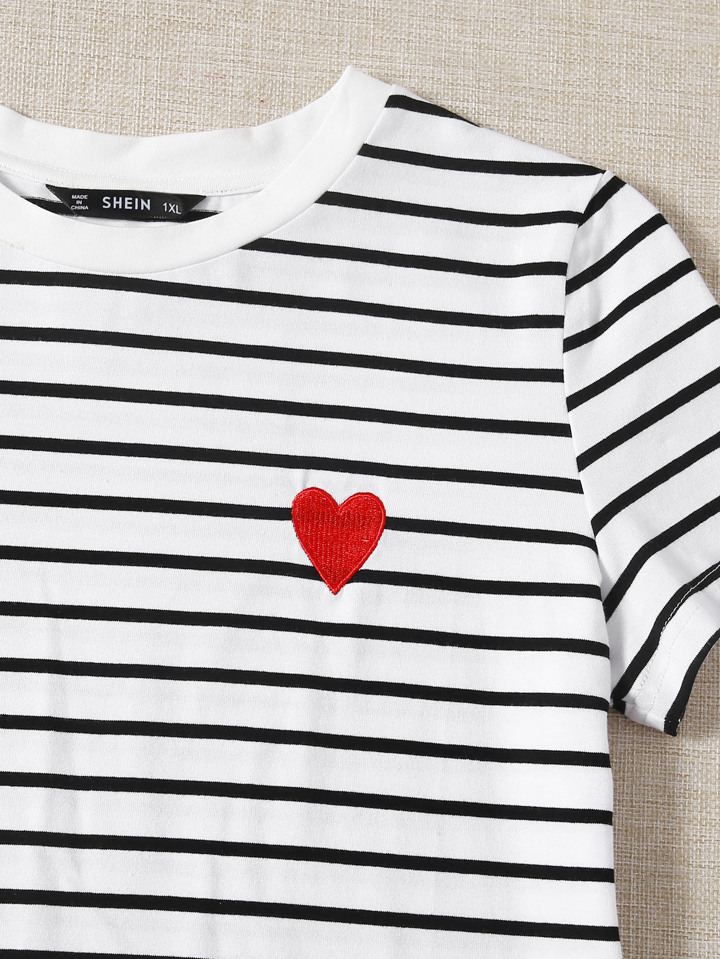 Plus Striped Heart Embroidery Detail Tee, Summer/Valentine's Day 3 Plus Striped Heart Embroidery Detail Tee, Summer/Valentine's Day