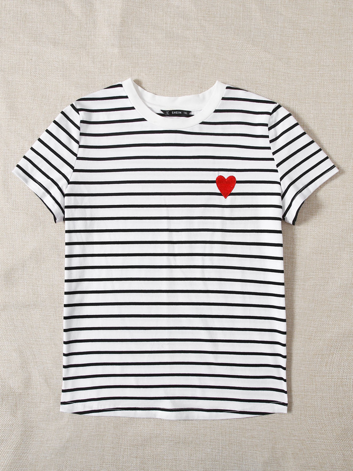 Plus Striped Heart Embroidery Detail Tee, Summer/Valentine's Day 5 Plus Striped Heart Embroidery Detail Tee, Summer/Valentine's Day