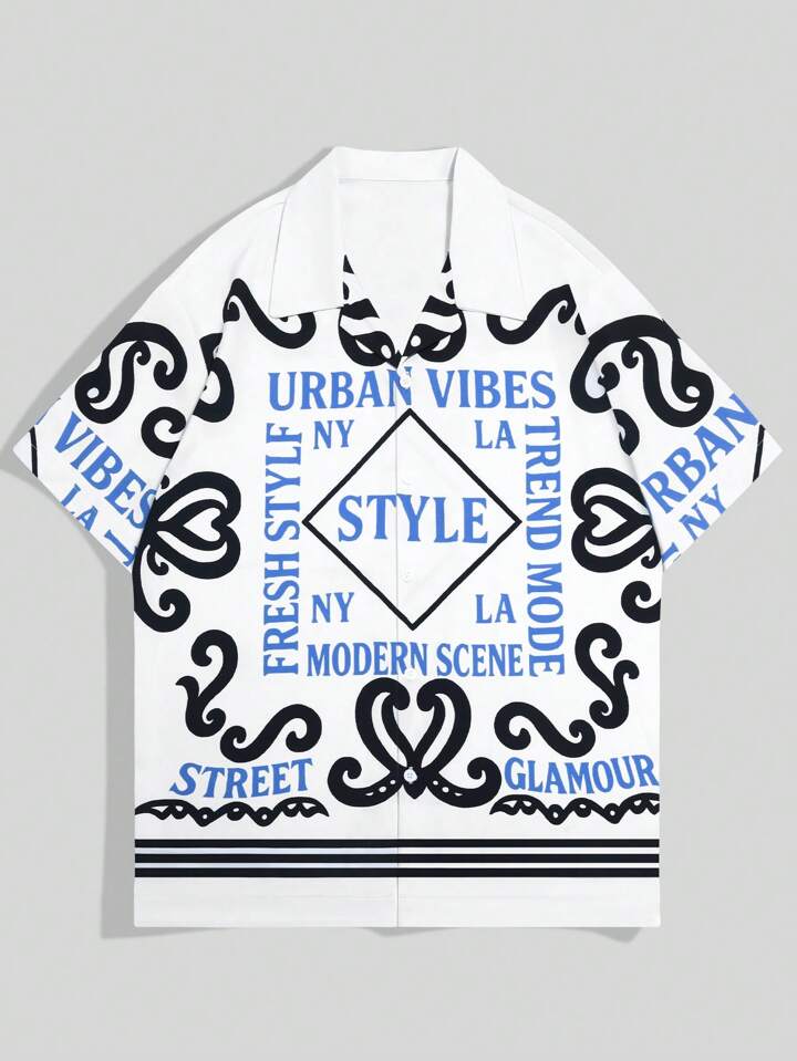 Men's Casual Letter Print Front Button Up Short Sleeve Shirt, Summer
