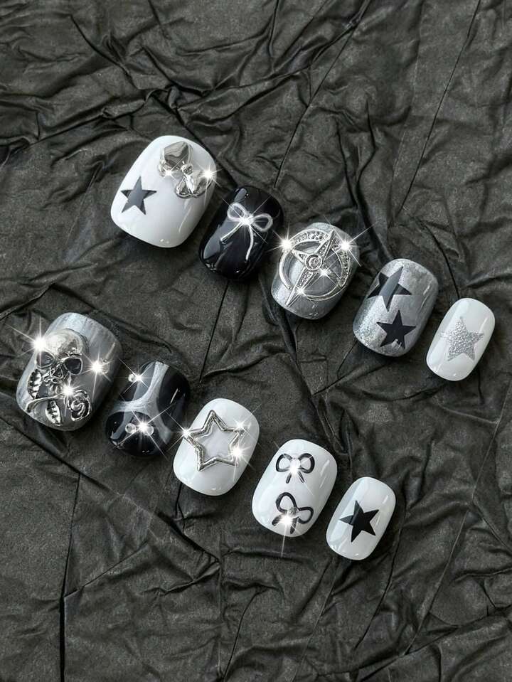 Anime 10pcs Cute Bowknot Music Note Star Element High Quality Handmade False Nails + 3pcs Double-Sided Adhesive, Y2K French Style Rhinestone Chain Polka Dot Removable Nail Art Stickers, Suitable For Holidays, Parties, Dancing And Daily Wear