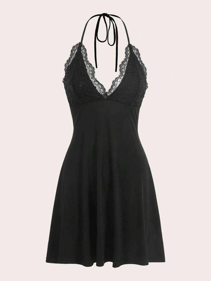 Contrast Lace Halter Neck Backless Dress Without Gloves, School