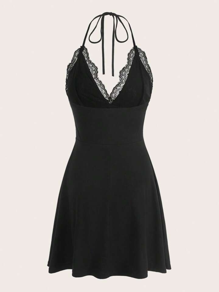 Contrast Lace Halter Neck Backless Dress Without Gloves, School