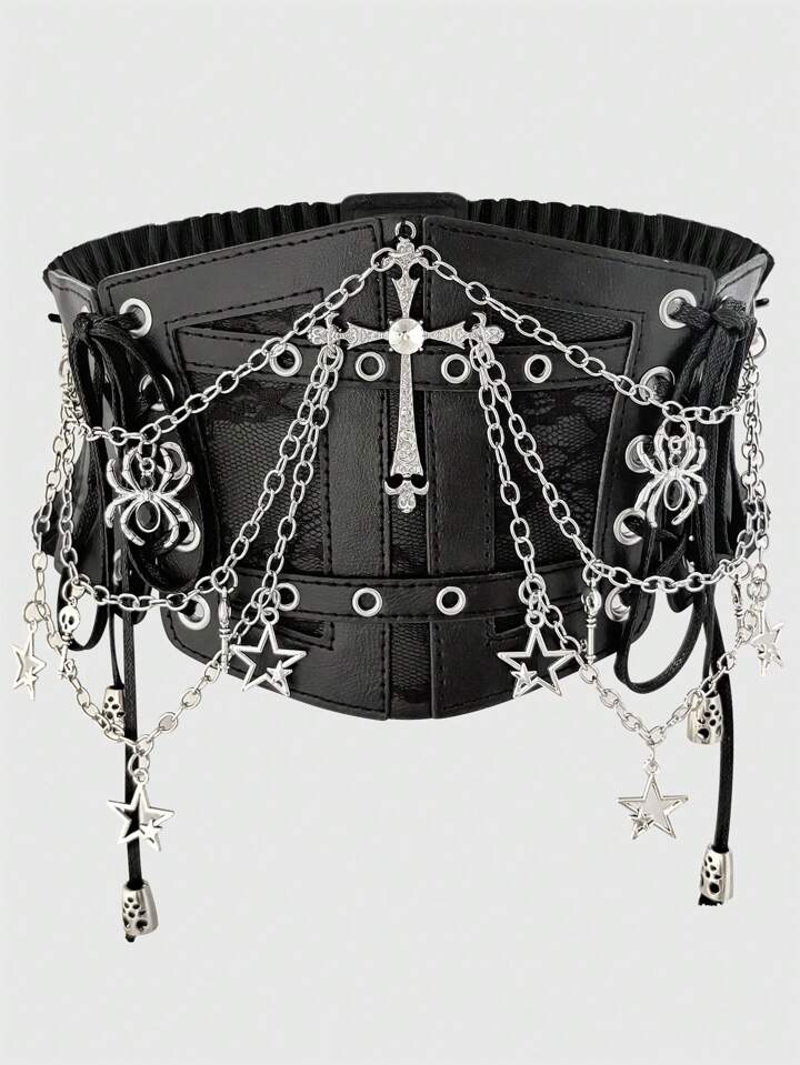 1pc Women Black Lace Chain Skeleton Cross Ribbon Decor Goth Style Elastic Waist Belt, Gothic Halloween Costume Accessory