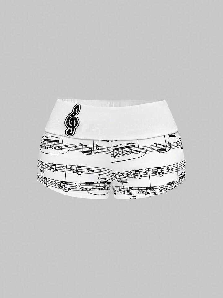 J-Fashion Y2K Vintage Music Note Print Patchwork Low Waist Women Shorts, Autumn/Winter