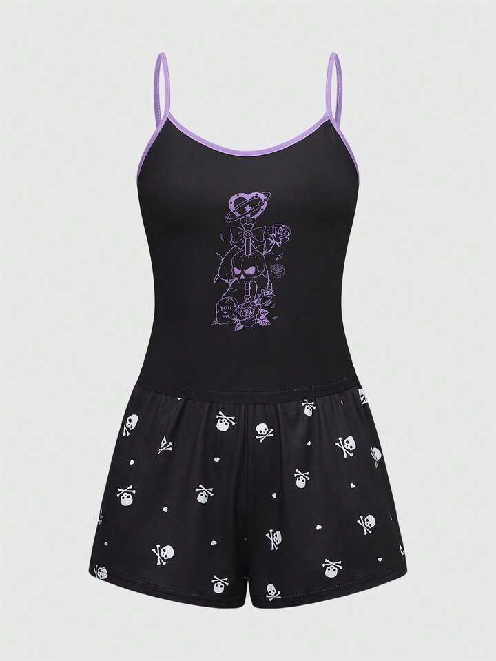 Gothic Skull & Polka Dot Print Contrast Color Camisole & Shorts Pajama Set