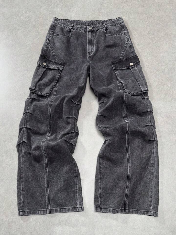 Men's Solid Color Casual Pleated Loose Straight Leg Jeans
