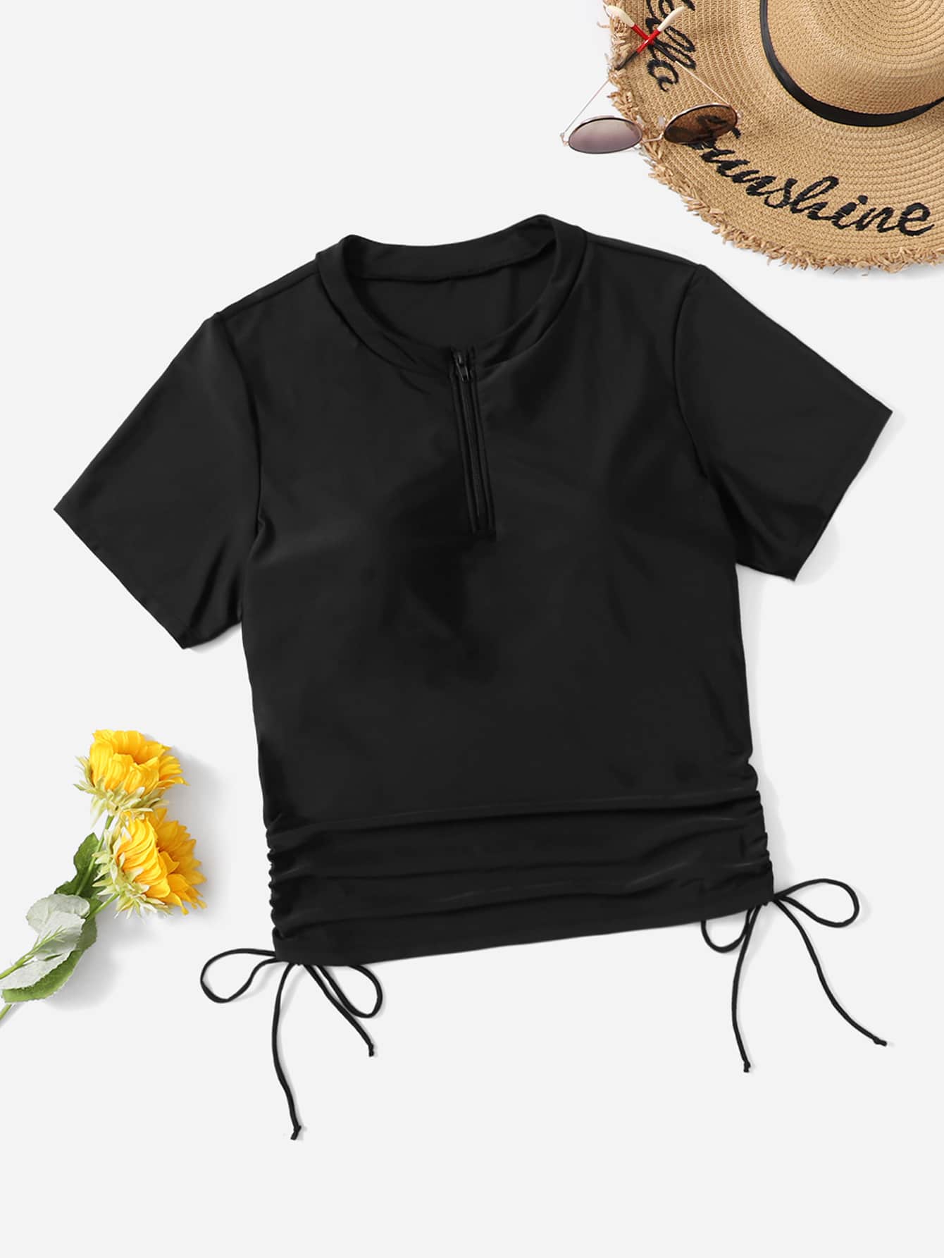 Summer Beach Plus Short Sleeve Drawstring Side One-Quarter Zipper Front High Neck Tankini Top