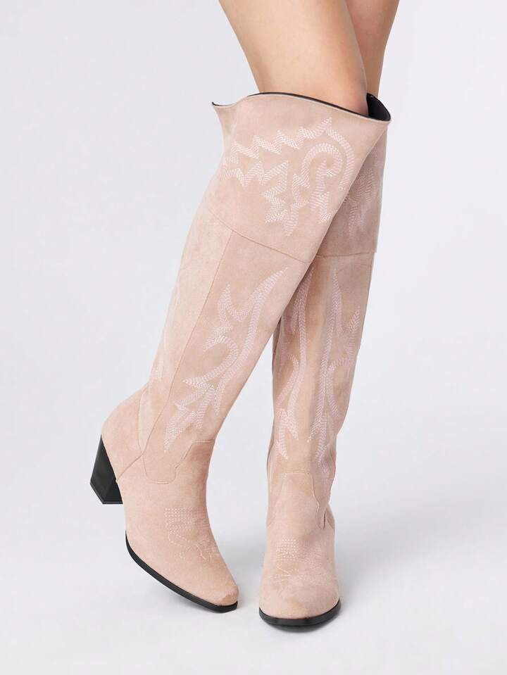 Fairycore Women's Cowboy Boots, Khaki Fabric Details With Embroidery, Western Style Boots For Outdoor Fashion, Slip-On Over-The-Knee Boots, Spring & Autumn New Arrival