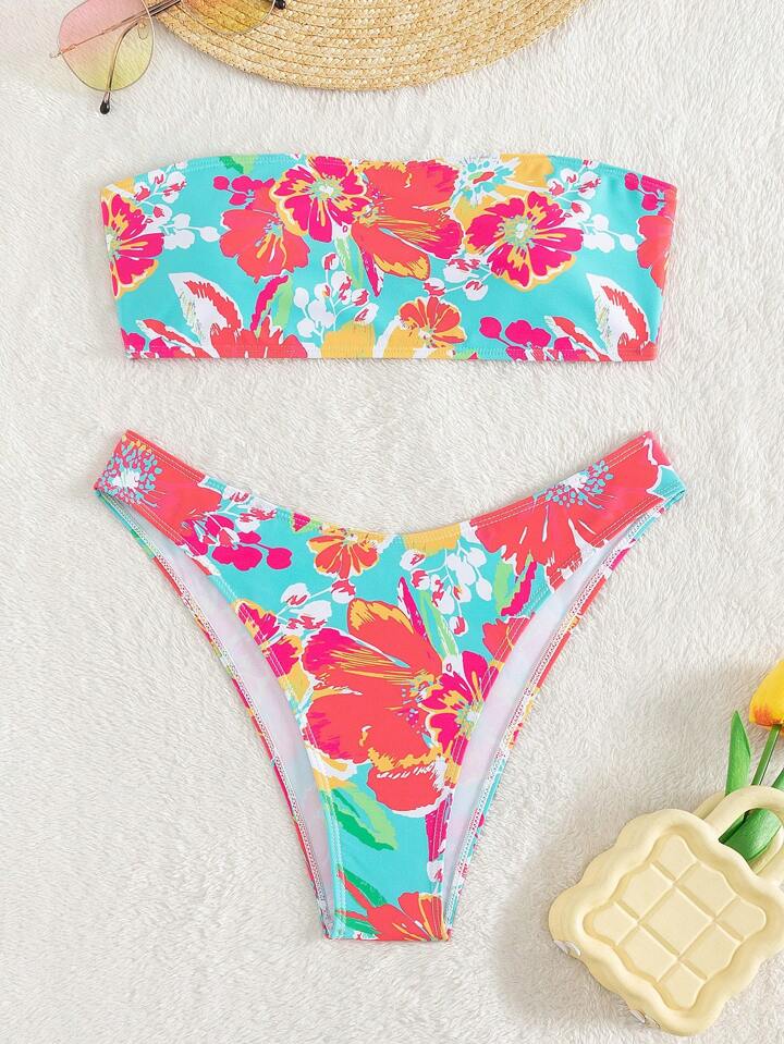 Summer Beach Floral Print Bandeau Bikini Set