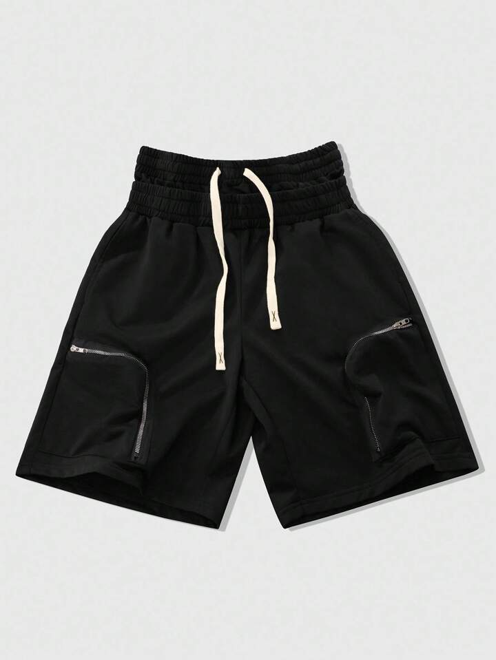 Street Life Men's Personalized Black Double Waistband Style Shorts, High Waist Drawstring & Multi-Functional Zipper Pocket Design