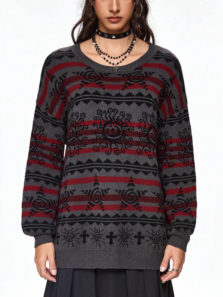 Autumn/Winter Casual Cartoon Geometric Pattern Sweater