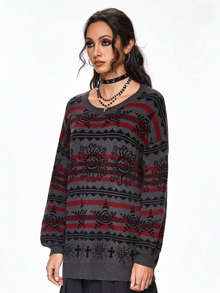 Autumn/Winter Casual Cartoon Geometric Pattern Sweater