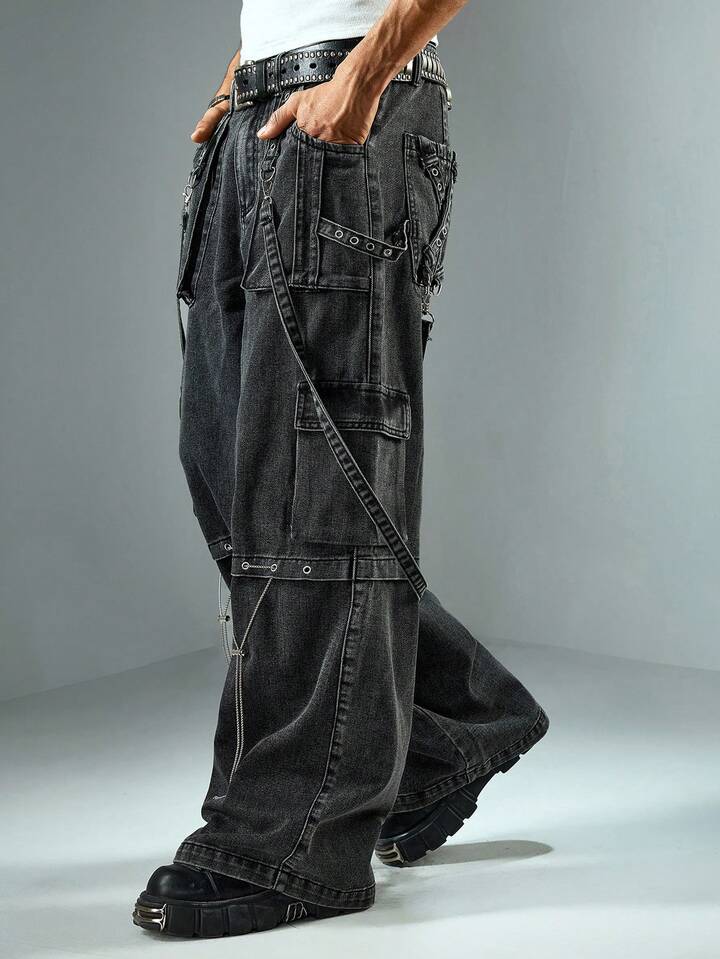 Street Life Men's Casual Washed Wide Leg Cargo Jeans