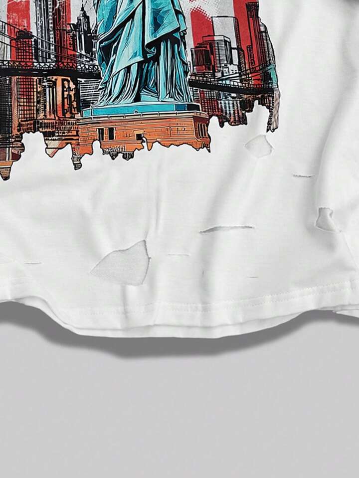 Men's Street Life Summer Flag Print Casual Loose Ripped T-Shirt