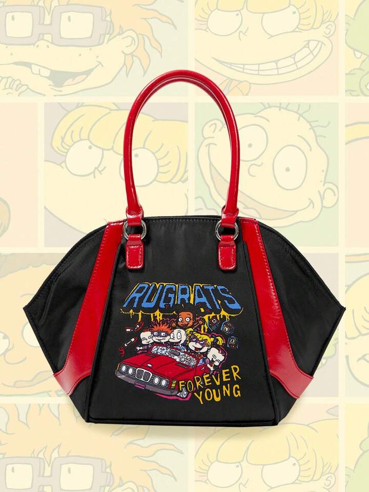 Nick 90's X ROMWE Women's Colorblock Cartoon Pattern Fashion Red Trim Top Handle Bag