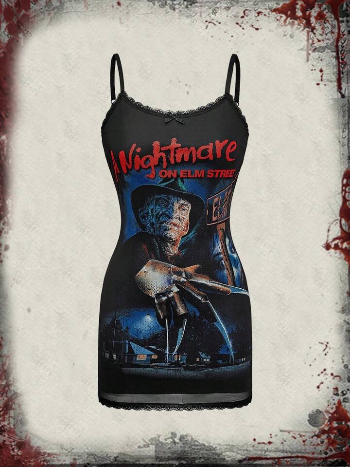 A Nightmare on Elm Street X ROMWE Women's Figure Graphic Mesh Patchwork Camisole Mini Dress