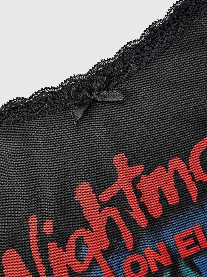 A Nightmare on Elm Street X ROMWE Women's Figure Graphic Mesh Patchwork Camisole Mini Dress