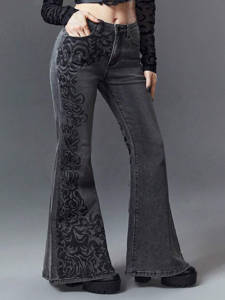 Plus Size Gothic Vintage Floral Print Slim Fit Stretchy Low Waist Flared Jeans