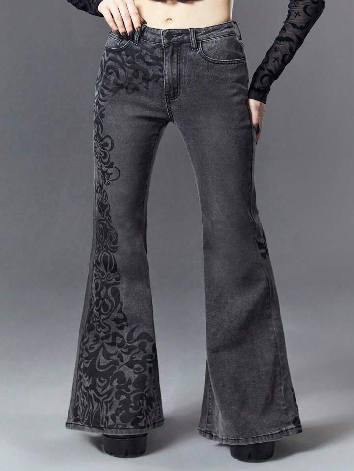 Plus Size Gothic Vintage Floral Print Slim Fit Stretchy Low Waist Flared Jeans 2 Plus Size Gothic Vintage Floral Print Slim Fit Stretchy Low Waist Flared Jeans
