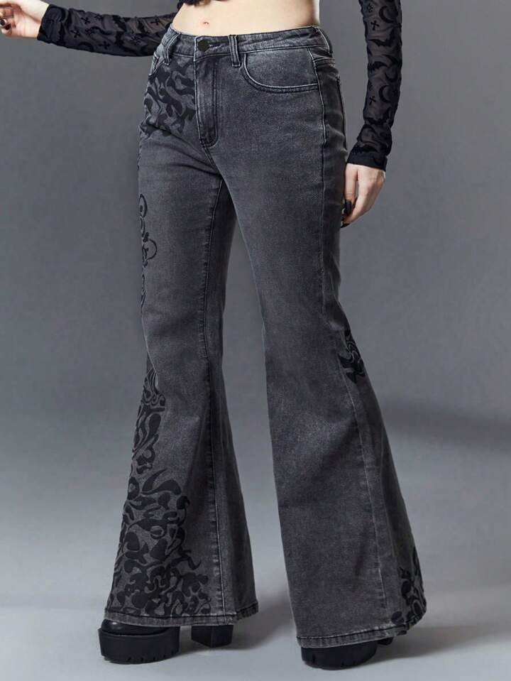 Plus Size Gothic Vintage Floral Print Slim Fit Stretchy Low Waist Flared Jeans 3 Plus Size Gothic Vintage Floral Print Slim Fit Stretchy Low Waist Flared Jeans