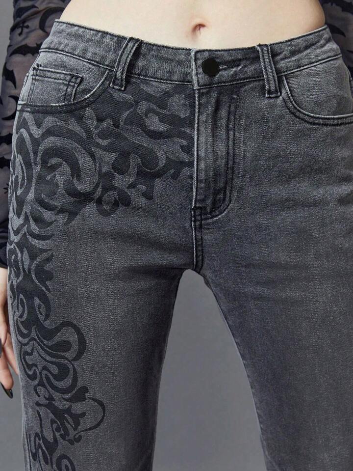 Plus Size Gothic Vintage Floral Print Slim Fit Stretchy Low Waist Flared Jeans 4 Plus Size Gothic Vintage Floral Print Slim Fit Stretchy Low Waist Flared Jeans