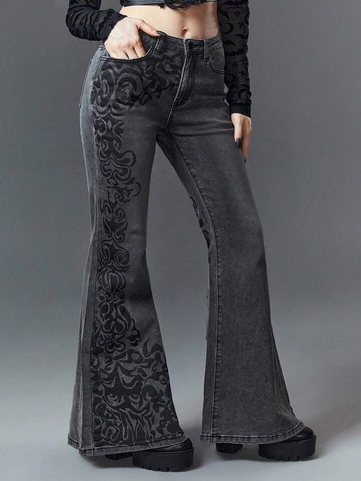 Plus Size Gothic Vintage Floral Print Slim Fit Stretchy Low Waist Flared Jeans 5 Plus Size Gothic Vintage Floral Print Slim Fit Stretchy Low Waist Flared Jeans