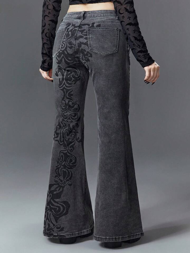 Plus Size Gothic Vintage Floral Print Slim Fit Stretchy Low Waist Flared Jeans 6 Plus Size Gothic Vintage Floral Print Slim Fit Stretchy Low Waist Flared Jeans