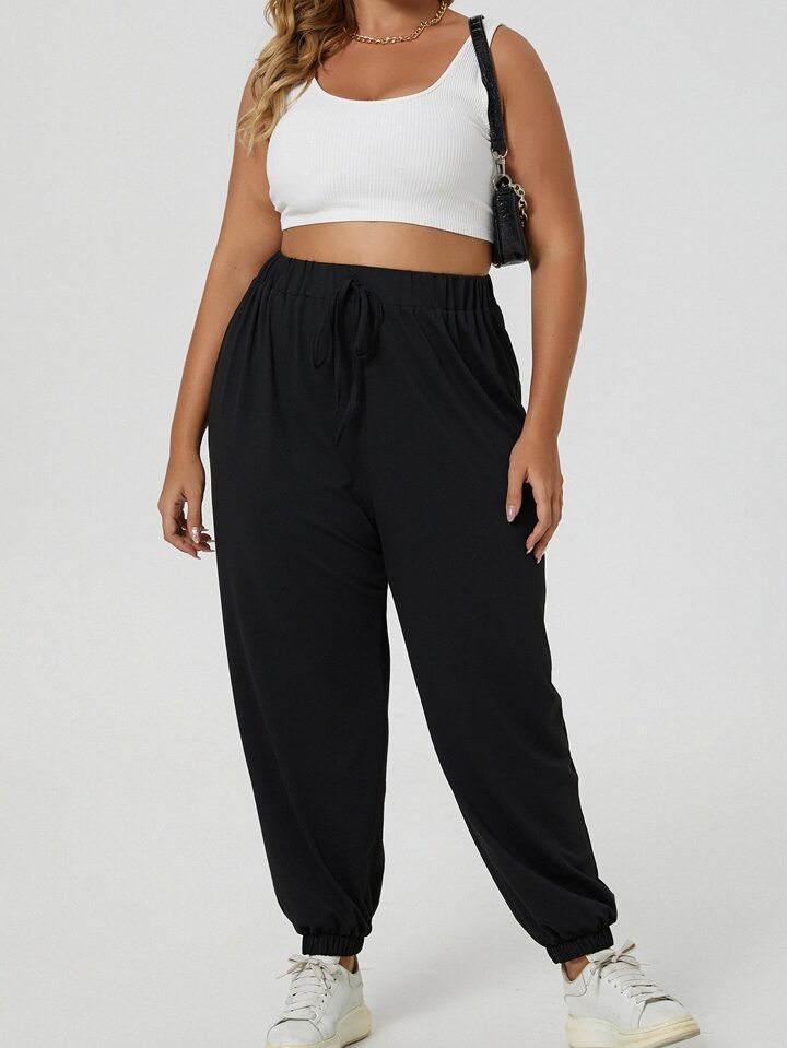 Plus Solid Knot Front High Waist Sweatpants Graduation,Back To School Outfits,Graduation,Teacher Outfits For Women,Back To School