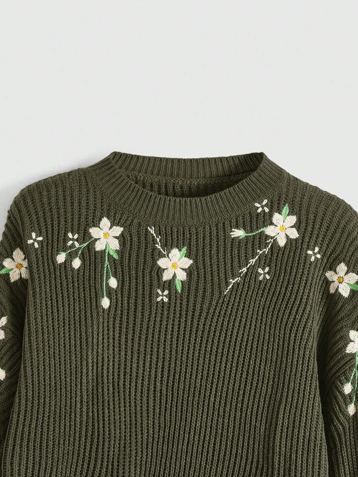 Fairycore Plus Size Women Casual Floral Embroidery Drop Shoulder Loose Cropped Sweater, Autumn/Winter